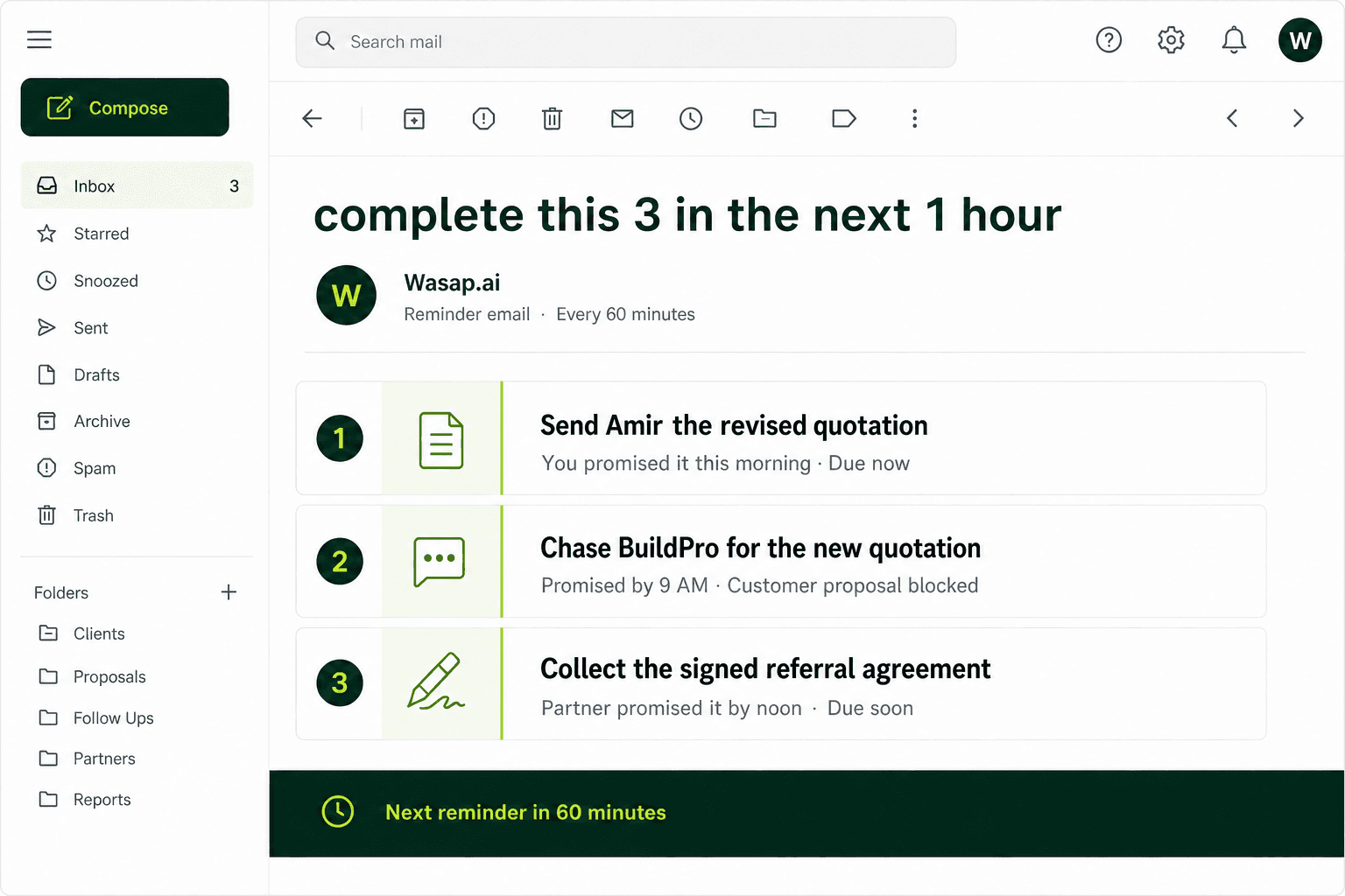 Example reminder email from Wasap.ai titled complete this 3 in the next 1 hour, with actions for a prospect, supplier, and partner.